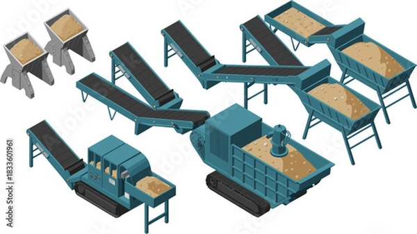 Fototapeta Isometric illustration of industrial stone crushing machine with conveyors, aggregate processing system, material sorting equipment, quarry production workflow, construction mining machinery