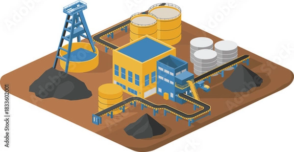 Fototapeta Isometric illustration of mining industry facility with processing plant, storage tanks, conveyor belts, coal piles, industrial equipment and extraction site layout
