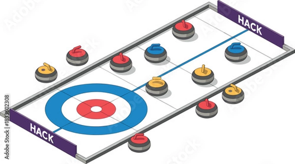 Fototapeta Isometric illustration of curling stones on ice rink with house target, sports strategy scene, winter game competition, detailed curling equipment layout