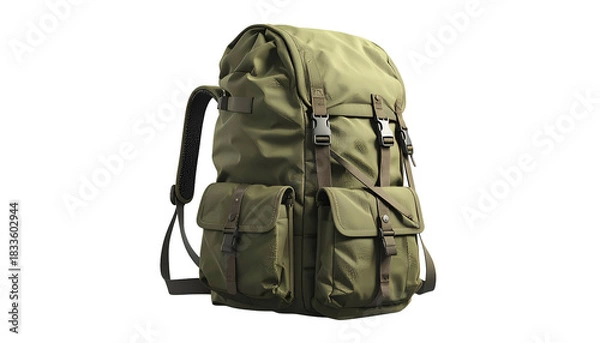 Fototapeta Olive-green backpack, side view, multiple pockets, straps, buckles, isolated on black background