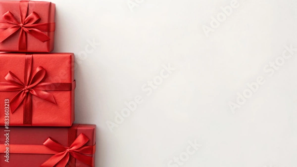 Obraz Stacked red gift boxes with bows on a light background for festive celebrations