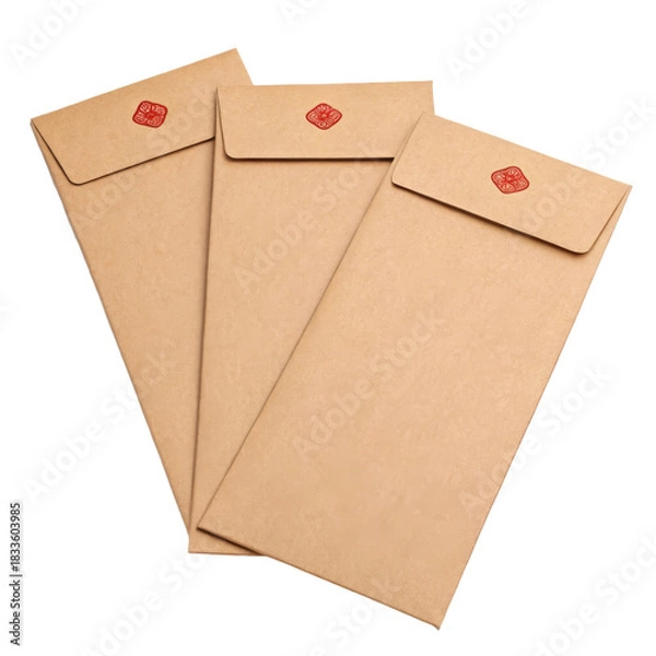 Obraz Set of three kraft paper style hongbao envelopes with red seals on a neutral background