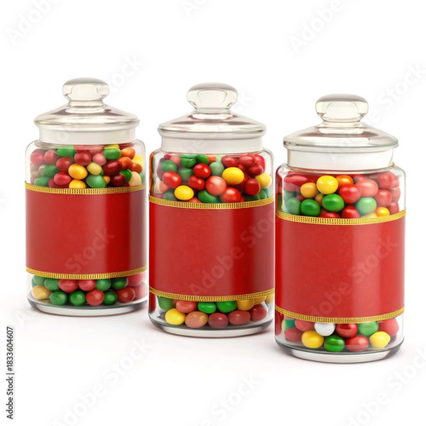 Obraz Colorful candy jars filled with assorted sweets and decorative red labels for display