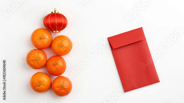 Obraz Red envelope with oranges and decorative lantern for festive celebration and traditions