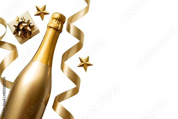 Fototapeta Golden champagne bottle with ribbons and stars isolated on transparent background