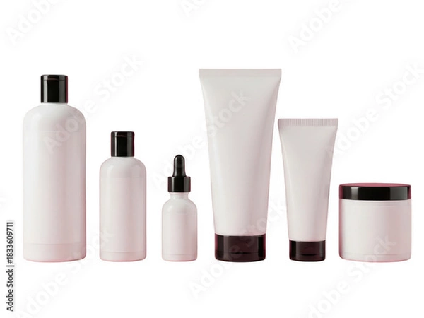 Fototapeta Collection of various white cosmetic packaging containers including bottles, tubes, and jar with black caps isolated on transparent background