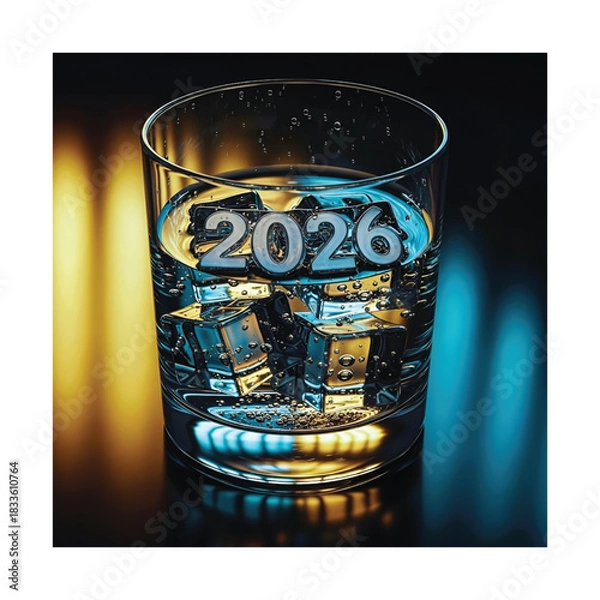 Obraz Year 2026 in Glass with Ice Cubes and Water - New Year Celebration Concept,
