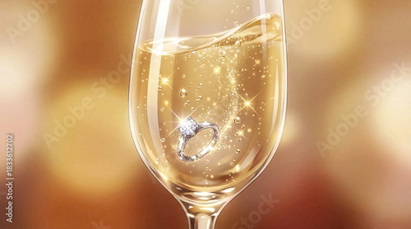 Fototapeta Diamond ring floating in champagne flute