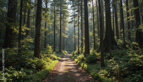 Fototapeta Sunlit Forest Path Surrounded by Tall Trees