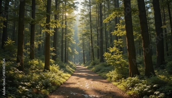 Fototapeta Sunlit Forest Path Surrounded by Tall Trees