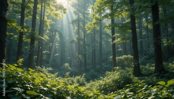 Fototapeta Serene Forest Background with Soft Sunlight and Green Foliage