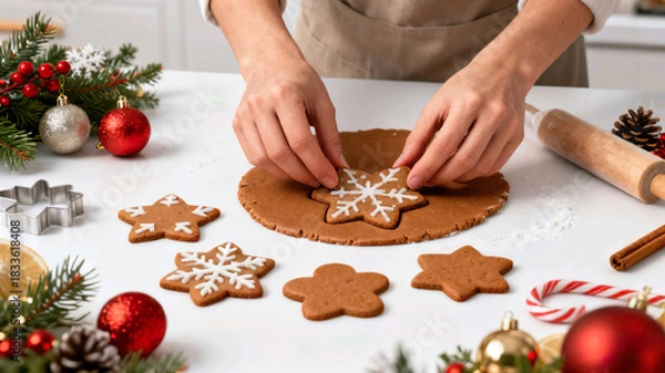 Fototapeta Hands cutting out Christmas gingerbread cookies from dough with festive decorations. Holiday baking concept.