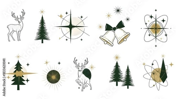 Obraz A set of elegant mid-century line art illustrations for Christmas and New Year's cards, featuring festive motifs in a refined forest green and gold color palette