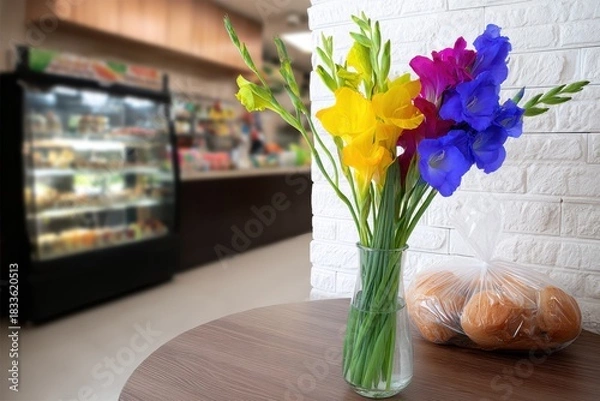 Fototapeta Vibrant Flower Arrangement With Fresh Bakery Display in Modern Cafe Setting