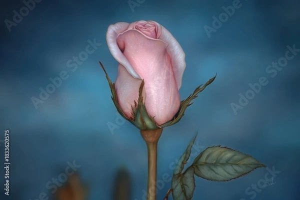 Fototapeta Elegant Pink Rose Bud with Dew Drops Against a Soft Blue Background in Artistic Style