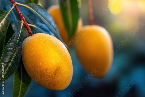 Fototapeta Fresh Ripe Mangoes Hanging on Tree Branch with Green Leaves in Soft Natural Light