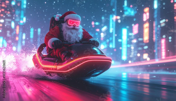 Obraz Futuristic Santa riding neon jet ski, glowing city, cyberpunk Christmas