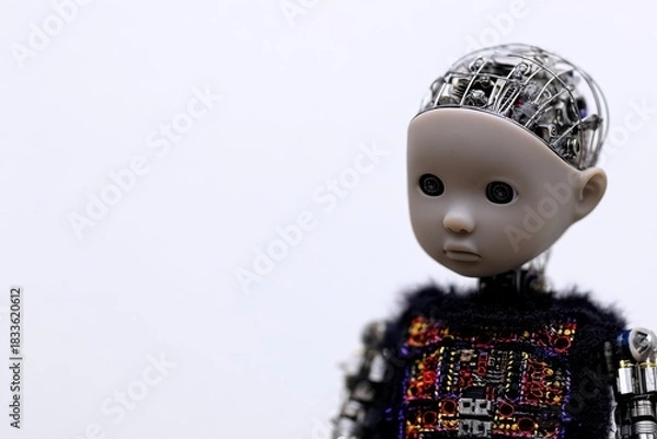 Fototapeta Robot doll with intricate metal components and expressive, emotive face, studio setting