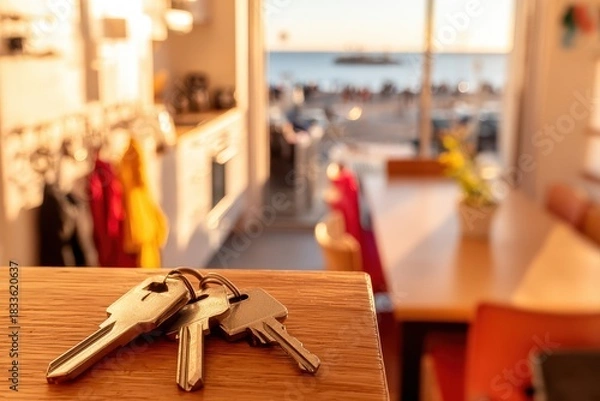 Fototapeta Sunlit Kitchen with Keys on Counter and Scenic View of Seaside Landscape in Background