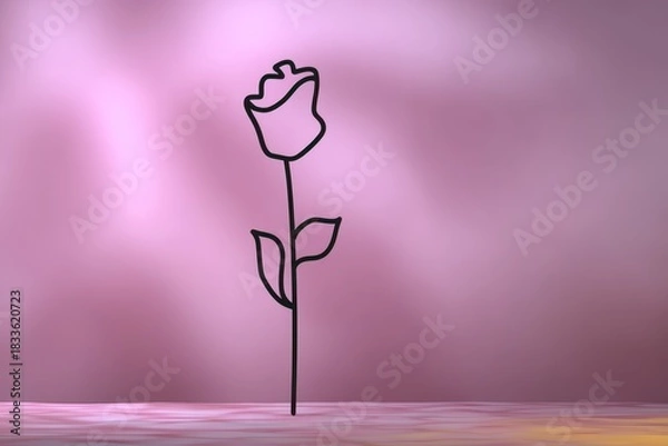 Fototapeta Minimalistic Black Line Drawing of Single Rose on Soft Pink Background