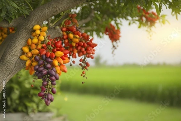 Fototapeta Colorful Fresh Fruits Hanging from a Vibrant Tree Against a Lush Green Field