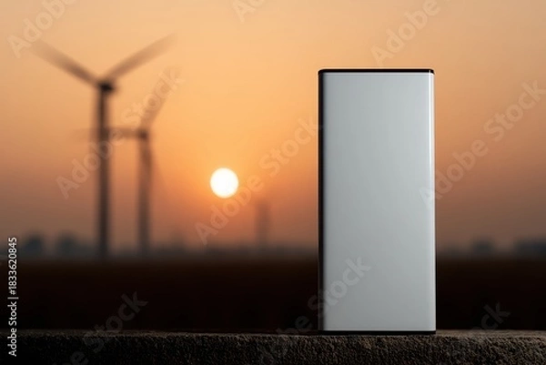 Fototapeta Minimalistic Power Bank Against Scenic Sunset with Wind Turbines in Background