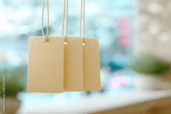 Fototapeta Blank price tags hanging in a bright and modern indoor environment with blurred background