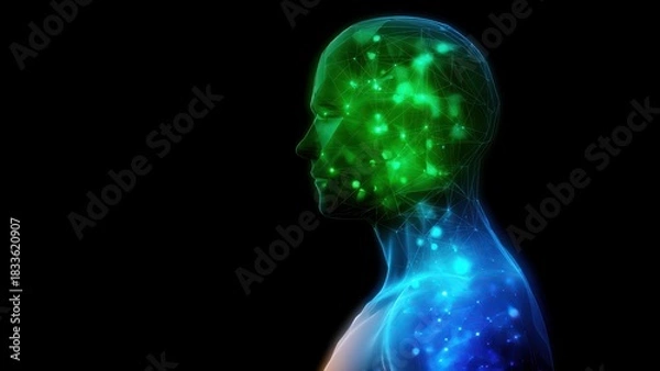 Fototapeta Abstract representation of human silhouette with colorful data visualization and light effects