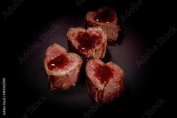 Fototapeta Heart-Shaped Slices of Tender Beef with Glossy Sauce on Dark Background