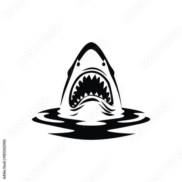 Obraz Black and white illustration of a shark emerging with ferocious jagged teeth vector hand drawn image