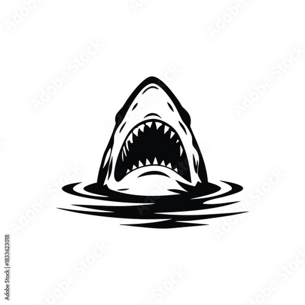 Obraz Black and white illustration of a shark emerging with ferocious jagged teeth vector hand drawn image
