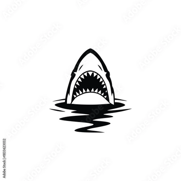 Obraz Black and white illustration of a shark emerging with ferocious jagged teeth vector hand drawn image