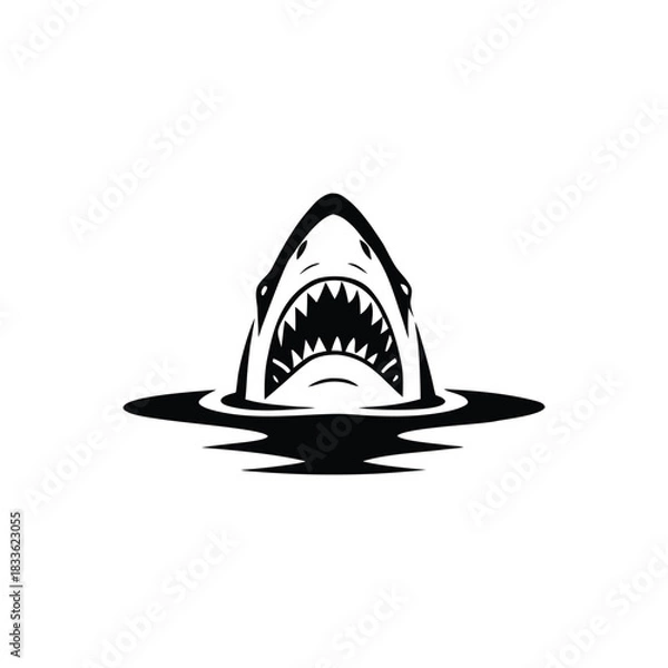 Obraz Black and white illustration of a shark emerging with ferocious jagged teeth vector hand drawn image