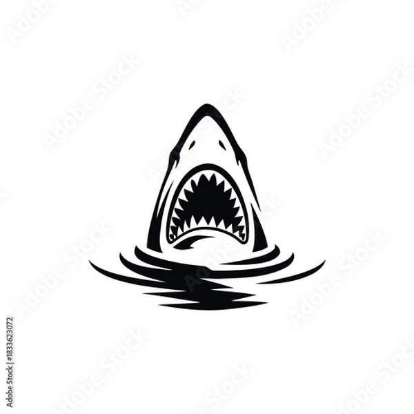 Obraz Black and white illustration of a shark emerging with ferocious jagged teeth vector hand drawn image