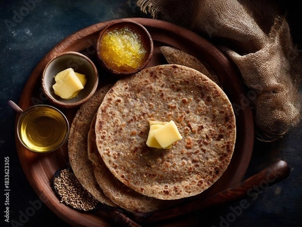 Fototapeta Traditional indian roti with butter and ghee