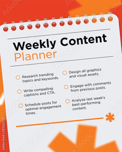 Obraz Weekly Content Planner Template with Spiral Notebook Design and Task Checkpoints
