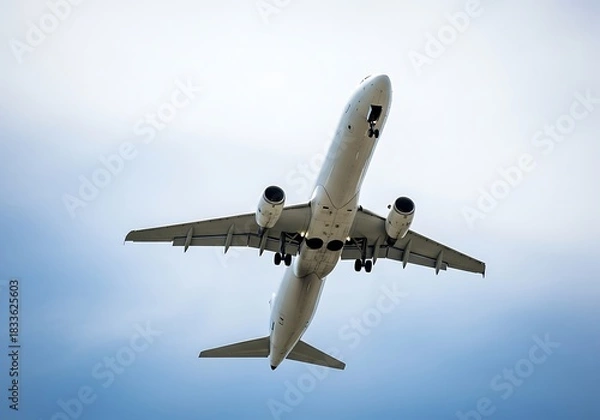 Fototapeta Passenger airplane flying high above with landing gear deployed