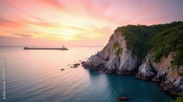 Fototapeta Majestic cliff face overlooking calm ocean with cargo ship at sunset