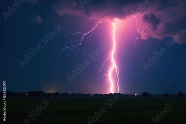 Obraz Powerful Lightning Strike Illuminates Dark Stormy Landscape Dramatic Split-Second Thunderstorm Photography