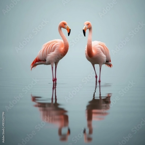 Fototapeta Two pink flamingos standing in calm water with reflections