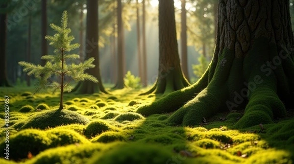 Fototapeta Sunlight streams through a lush green forest floor covered in moss
