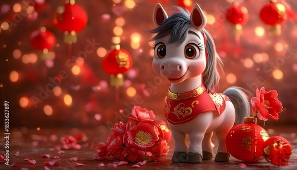 Fototapeta Cartoon horse with Lanterns & Flowers for 2026 New Year