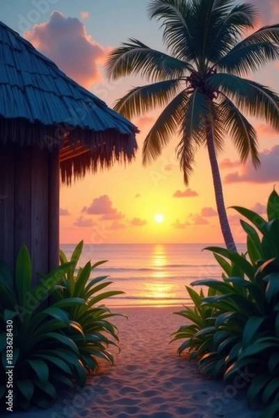 Fototapeta Tropical beach bungalow at sunset with palm tree and ocean view