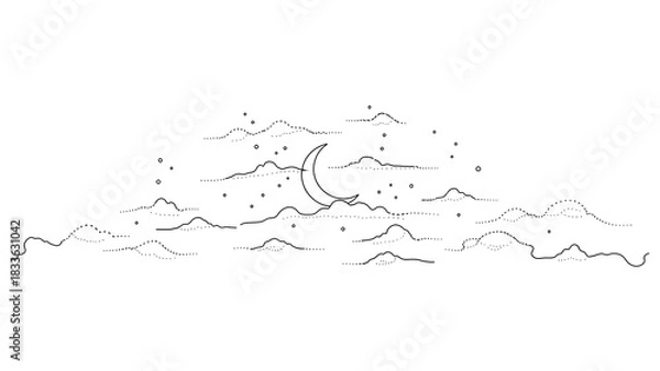 Fototapeta Dreamy crescent moon floating in night sky, simple line art for peaceful slumber themes