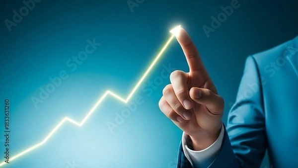 Fototapeta Hand pointing to upward trending financial graph symbolizing growth