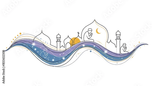 Fototapeta Eid Mubarak celebration art with mosque and praying people, perfect for Ramadan design