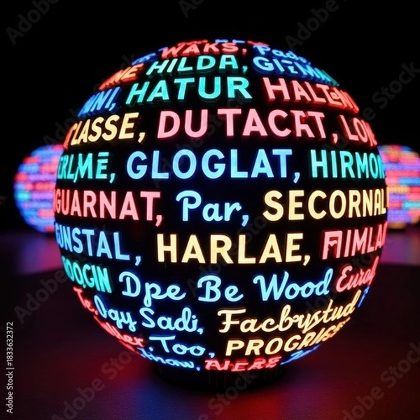 Fototapeta Glowing sphere with colorful text and words