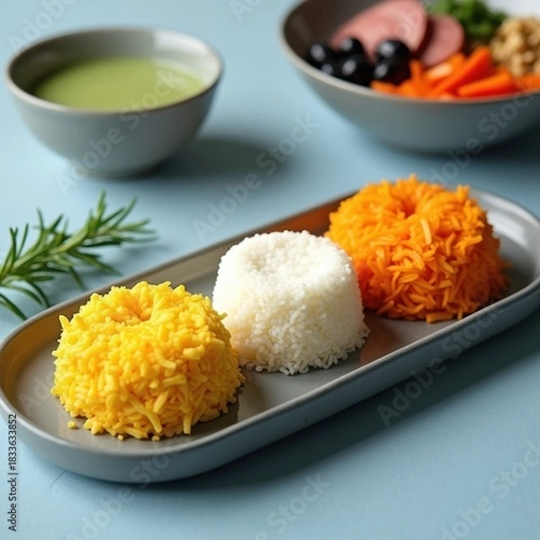 Fototapeta Three colorful mounds of rice served on a platter with dipping sauce