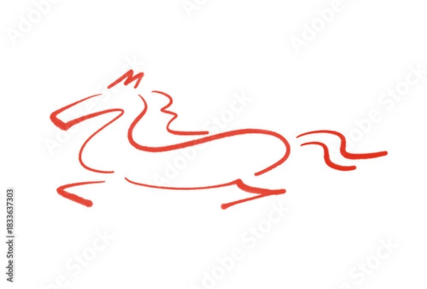 Obraz 筆絵の走る馬のシンプルなシルエット　赤色　正月素材