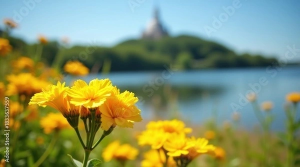 Fototapeta Vibrant yellow flowers in the foreground with a tranquil lake and distant temple